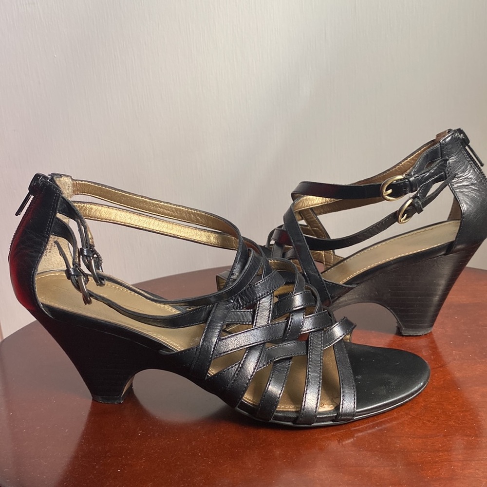 Circa Joan & David Black Woven Leather Heeled Sandals Back Zipper Adjustable 9